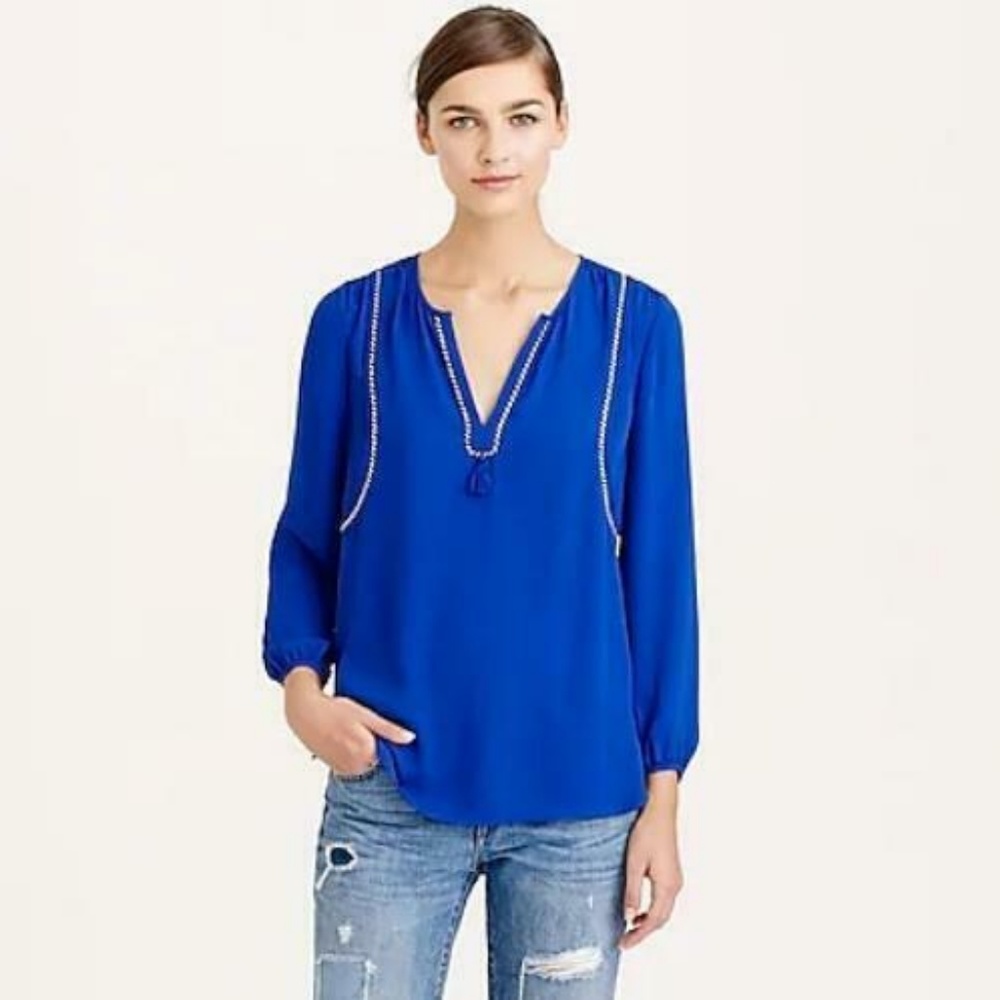 J Crew Tassel Trim Top V Neck Blue L/S  Blouse